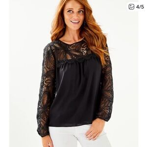 Lilly Pulitzer Keegan  Black Lace Blouse yoke front lines flowy sleeve size M